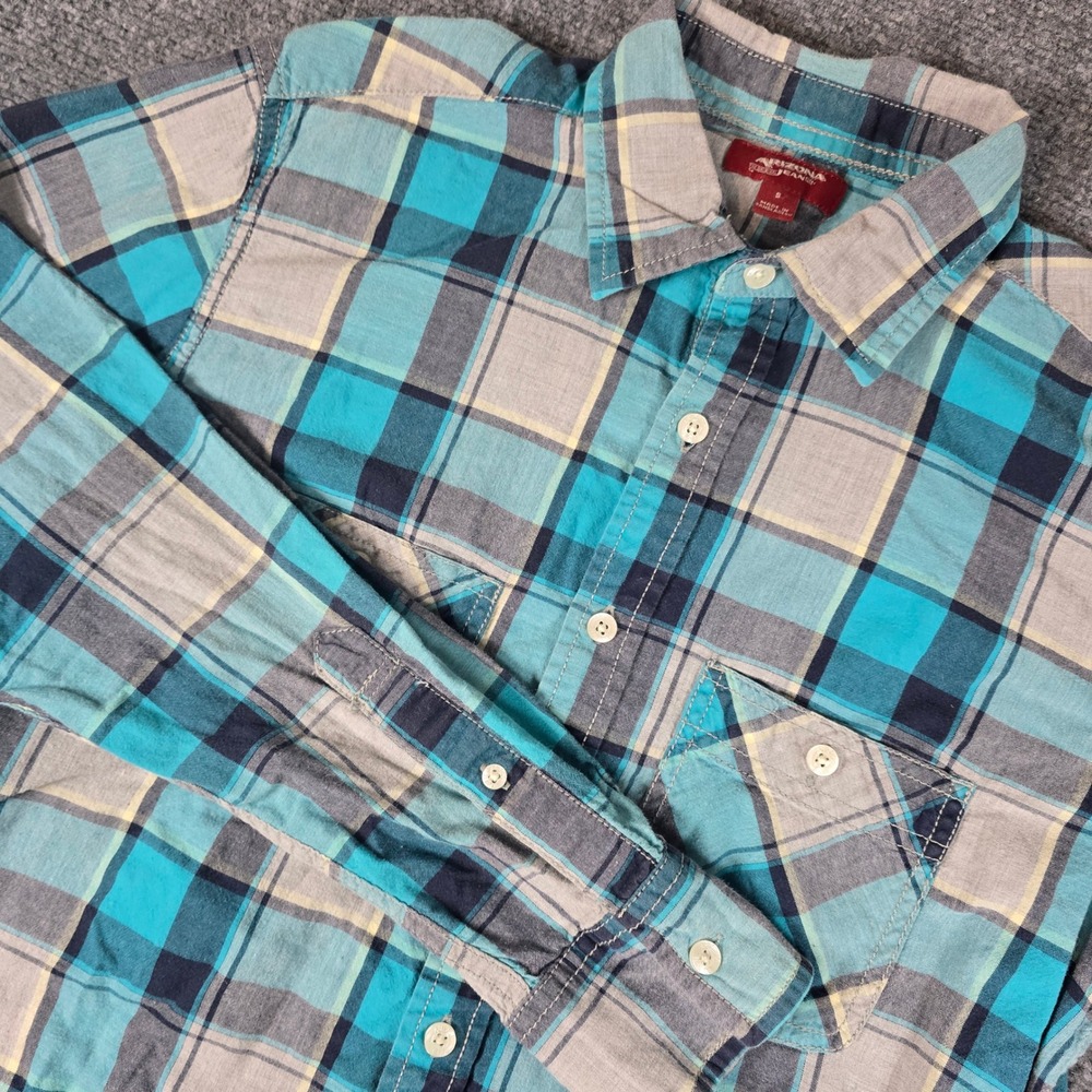 Arizona Jeans Co Plaid Long Sleeve Button Up Shirt Mens‎ Small Blue Grey Casual